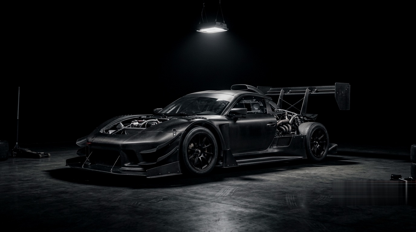 A carbon-bodied GT car lit by one overhead lamp in a dark workshop