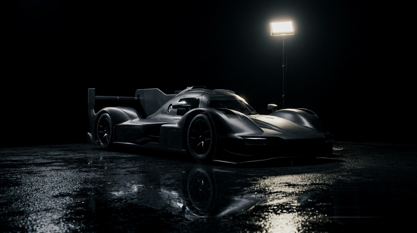 A prototype race car under a single work light on a wet workshop floor